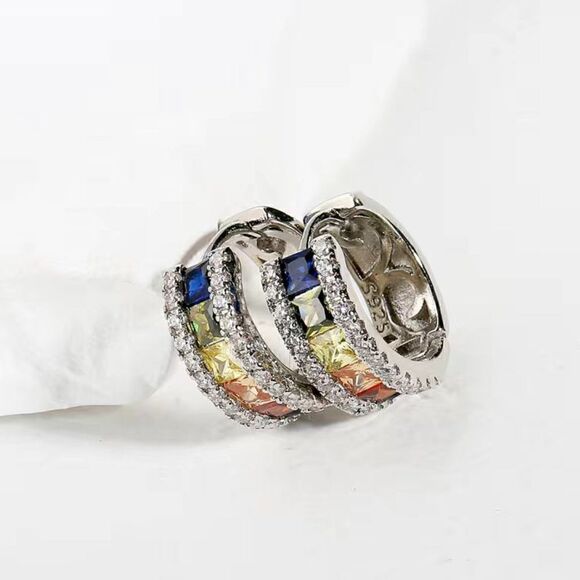 925 Sterling Small Huggie Earrings with Multi-Colored Stones and Bling #641 - Picture 6 of 7